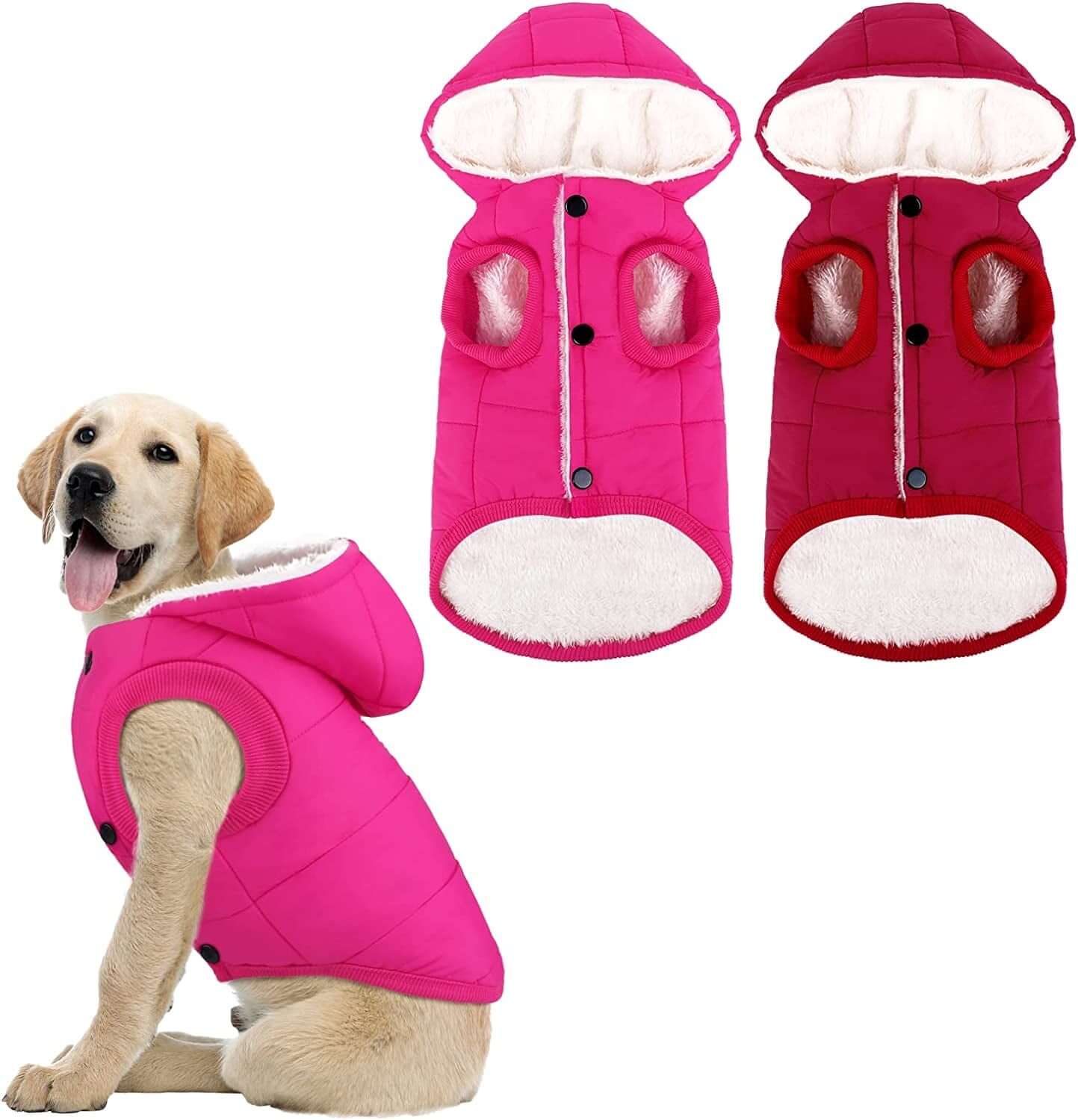 2 Pieces Fleece Lined Warm Dog Jacket Warm Dog Hoodie Puppy Coats with Hooded Cold Weather Pet Apparel Clothes for Puppy Winter Cold Weather, Large (Pink, Red) - Funsho.store