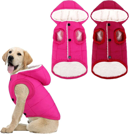 2 Pieces Fleece Lined Warm Dog Jacket Warm Dog Hoodie Puppy Coats with Hooded Cold Weather Pet Apparel Clothes for Puppy Winter Cold Weather, Large (Pink, Red) - Funsho.store