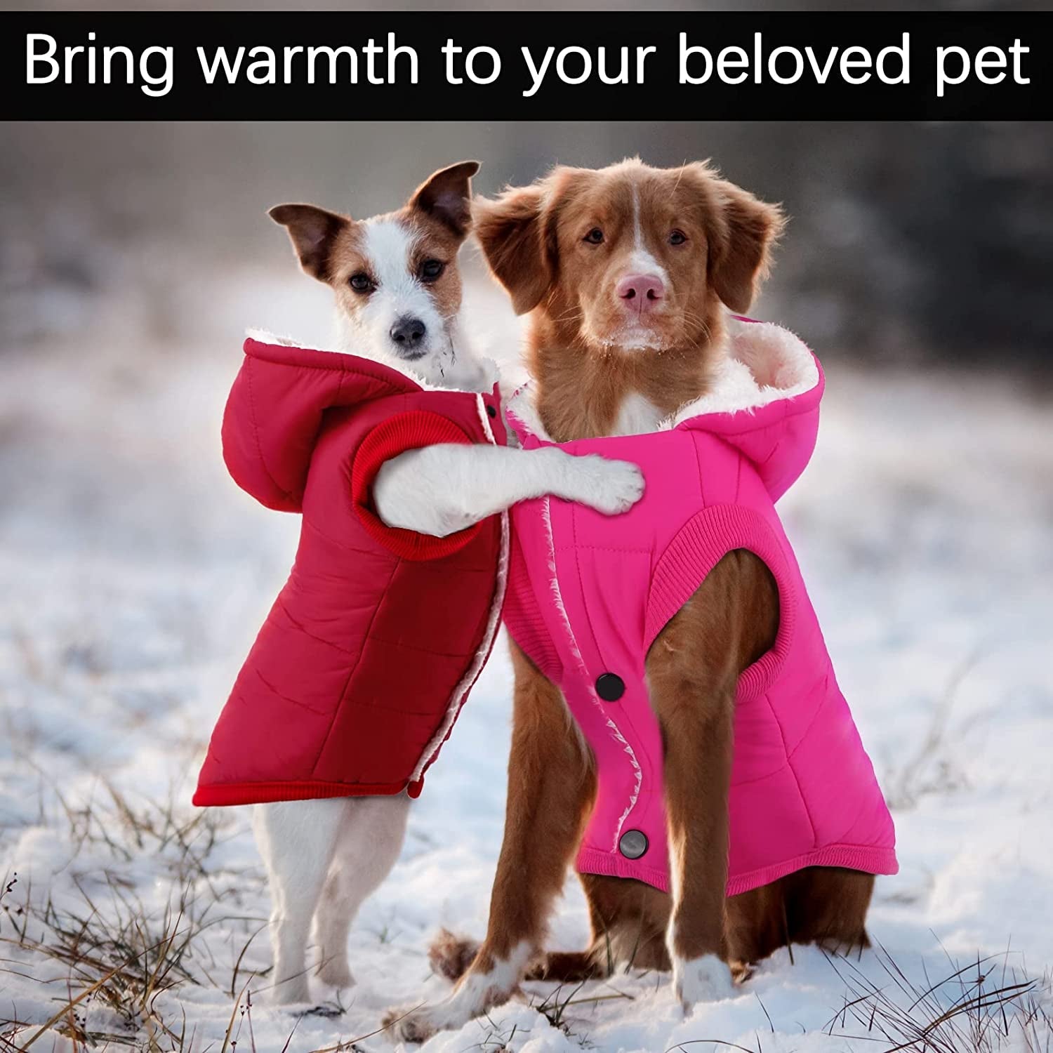2 Pieces Fleece Lined Warm Dog Jacket Warm Dog Hoodie Puppy Coats with Hooded Cold Weather Pet Apparel Clothes for Puppy Winter Cold Weather, Large (Pink, Red) - Funsho.store