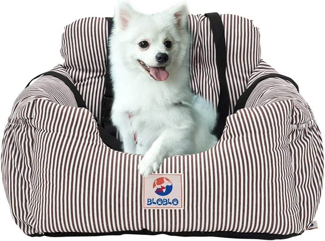 Dog Car Seat Pet Booster Seat Pet Travel Safety Dog Bed for Car with Storage Pocket (Coffee Stripe) - Funsho.store