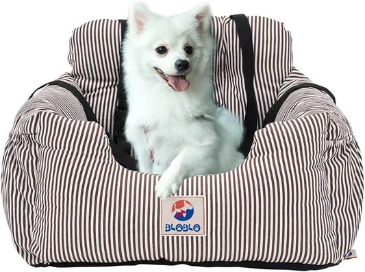 Dog Car Seat Pet Booster Seat Pet Travel Safety Dog Bed for Car with Storage Pocket (Coffee Stripe) - Funsho.store