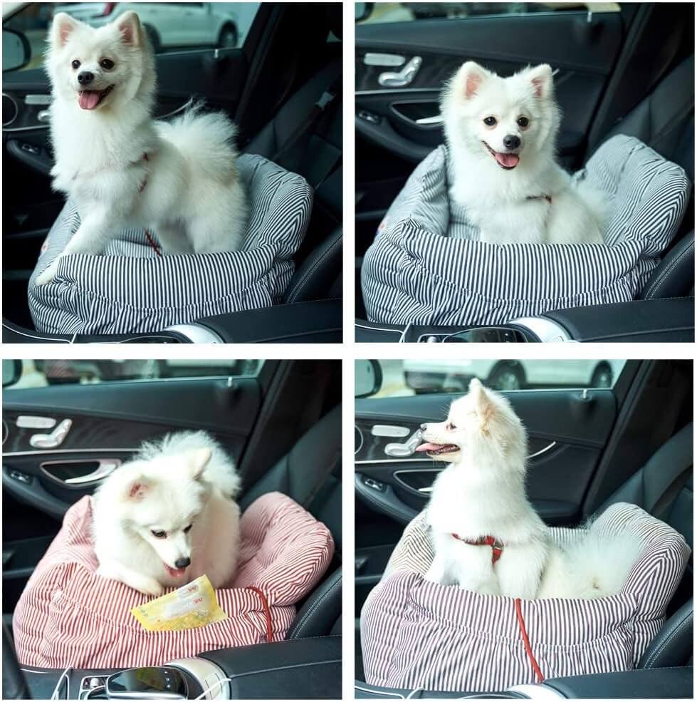 Dog Car Seat Pet Booster Seat Pet Travel Safety Dog Bed for Car with Storage Pocket (Coffee Stripe) - Funsho.store