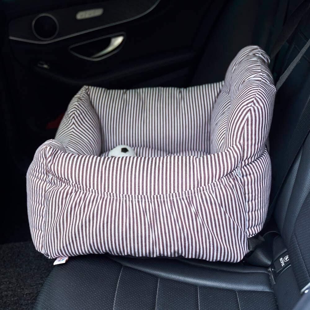 Dog Car Seat Pet Booster Seat Pet Travel Safety Dog Bed for Car with Storage Pocket (Coffee Stripe) - Funsho.store